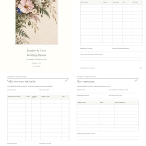May include: A Meadow & Vows Wedding Planner with a floral cover illustration of pink and blue wildflowers. The interior pages include structured templates for tracking wedding spending, guest lists, and ceremony details with clear headings.