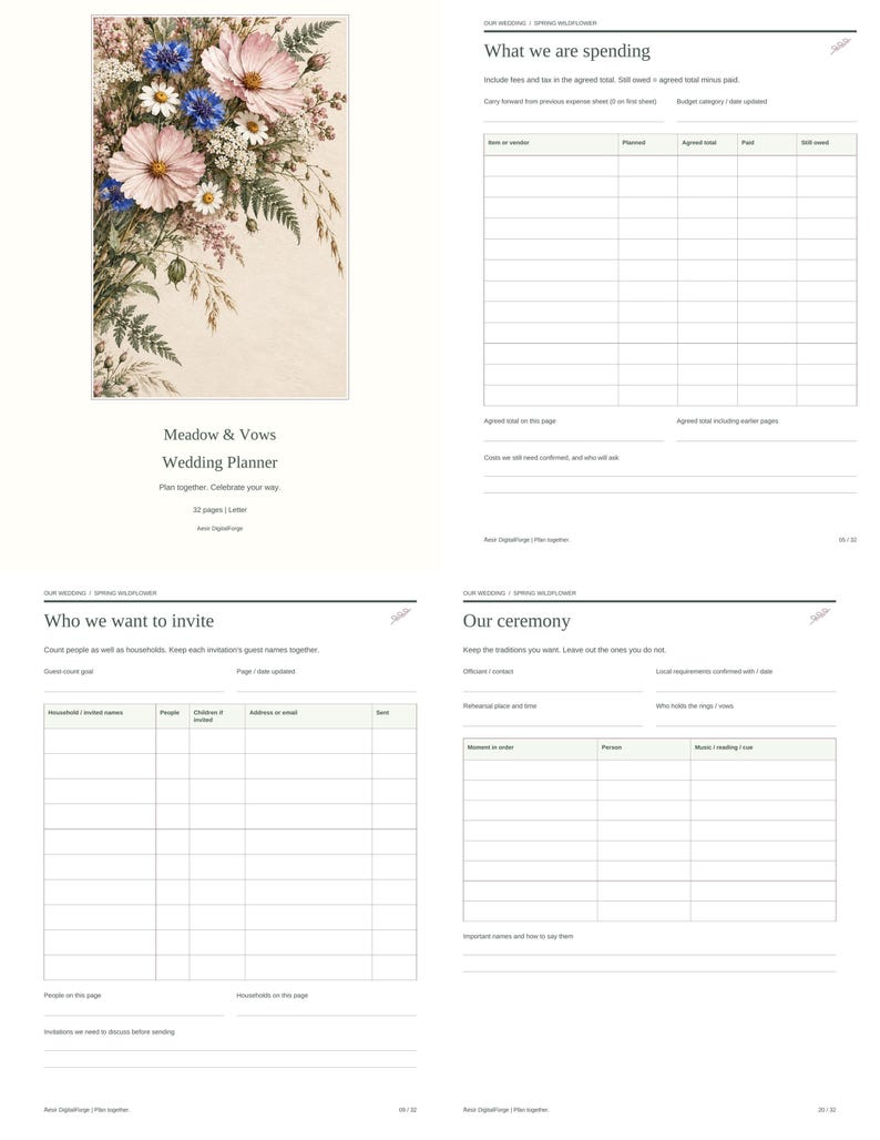 May include: A Meadow & Vows Wedding Planner with a floral cover illustration of pink and blue wildflowers. The interior pages include structured templates for tracking wedding spending, guest lists, and ceremony details with clear headings.