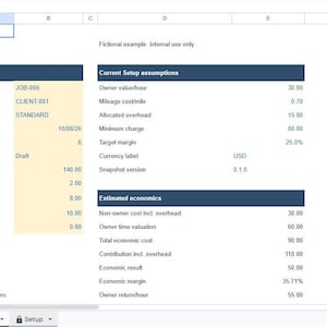 May include: A digital spreadsheet titled Quote and cost check containing job inputs, current setup assumptions, and estimated economics. The document features columns with labels such as Job ID, Client ID, Scope key, and various financial metrics.
