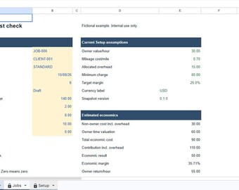 May include: A digital spreadsheet titled Quote and cost check containing job inputs, current setup assumptions, and estimated economics. The document features columns with labels such as Job ID, Client ID, Scope key, and various financial metrics.