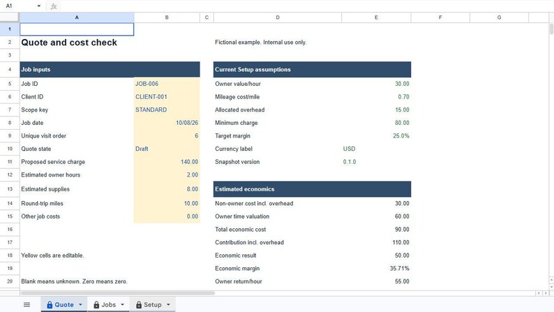 May include: A digital spreadsheet titled Quote and cost check containing job inputs, current setup assumptions, and estimated economics. The document features columns with labels such as Job ID, Client ID, Scope key, and various financial metrics.