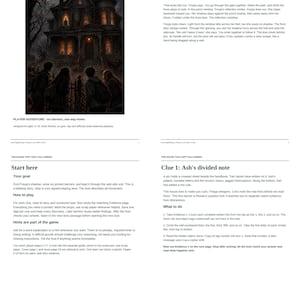 May include: A print-and-play shadow mystery game titled The House That Kept Halloween. The document includes an illustration of a dark, multi-story house with glowing windows, a story introduction, gameplay instructions, and Clue 1: Ash's divided note.
