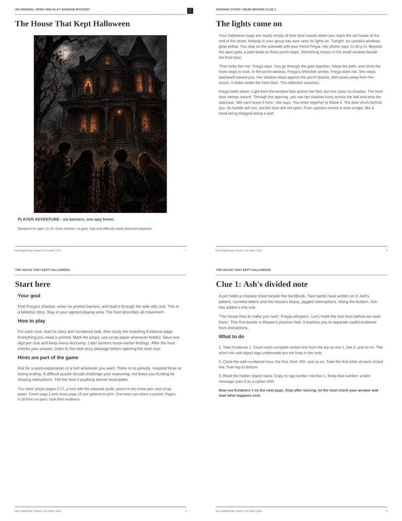 May include: A print-and-play shadow mystery game titled The House That Kept Halloween. The document includes an illustration of a dark, multi-story house with glowing windows, a story introduction, gameplay instructions, and Clue 1: Ash's divided note.