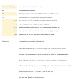 May include: A digital spreadsheet titled Cleaning job profit with fields for business name, edition, currency, and calculation parameters. It includes instructions for entering rates, thresholds, and job data to track economic margins.