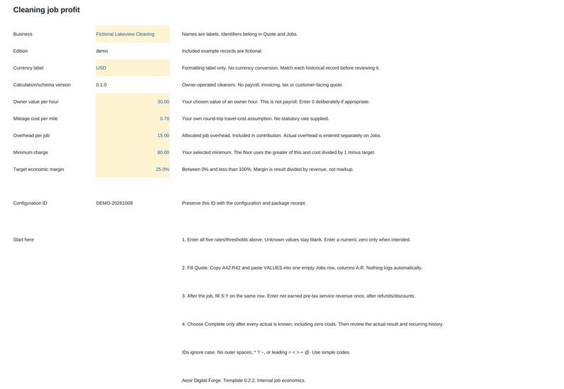 May include: A digital spreadsheet titled Cleaning job profit with fields for business name, edition, currency, and calculation parameters. It includes instructions for entering rates, thresholds, and job data to track economic margins.