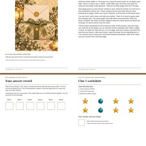 May include: A printable activity book titled Eli and the Little Family Surprise, featuring a gift box with a green ribbon and gold wax seal, plus worksheets with instructions, an answer record, and a Clue 1 worksheet with star and ornament icons.