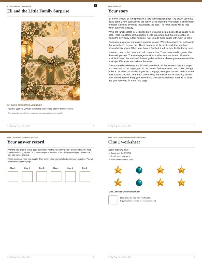 May include: A printable activity book titled Eli and the Little Family Surprise, featuring a gift box with a green ribbon and gold wax seal, plus worksheets with instructions, an answer record, and a Clue 1 worksheet with star and ornament icons.
