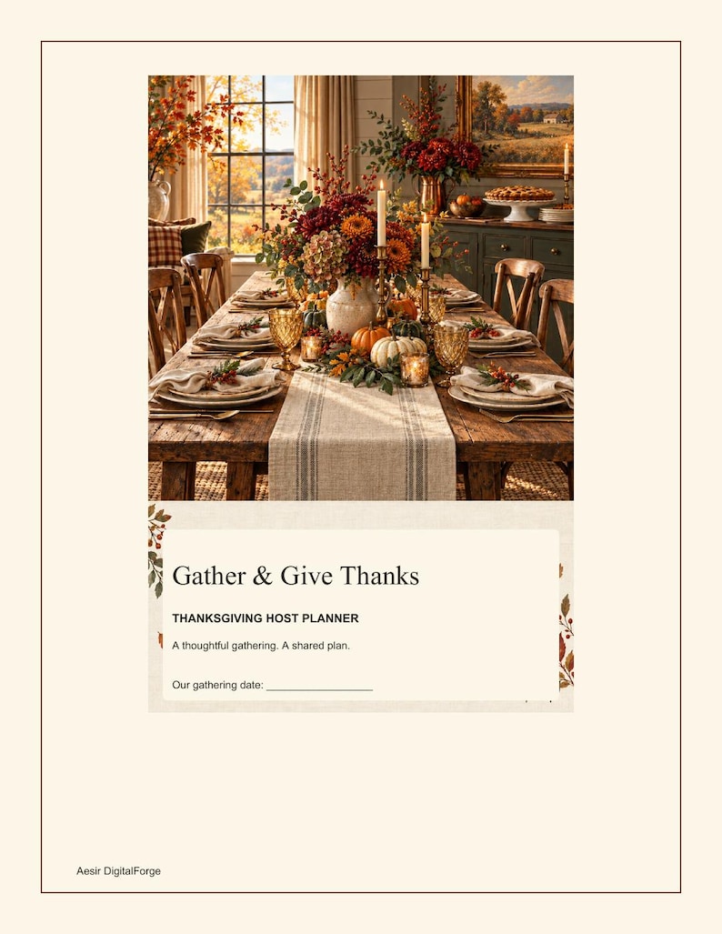 May include: A Thanksgiving host planner with the text Gather & Give Thanks, THANKSGIVING HOST PLANNER, A thoughtful gathering. A shared plan. Our gathering date: printed on a white background featuring a dining table with autumn decor.