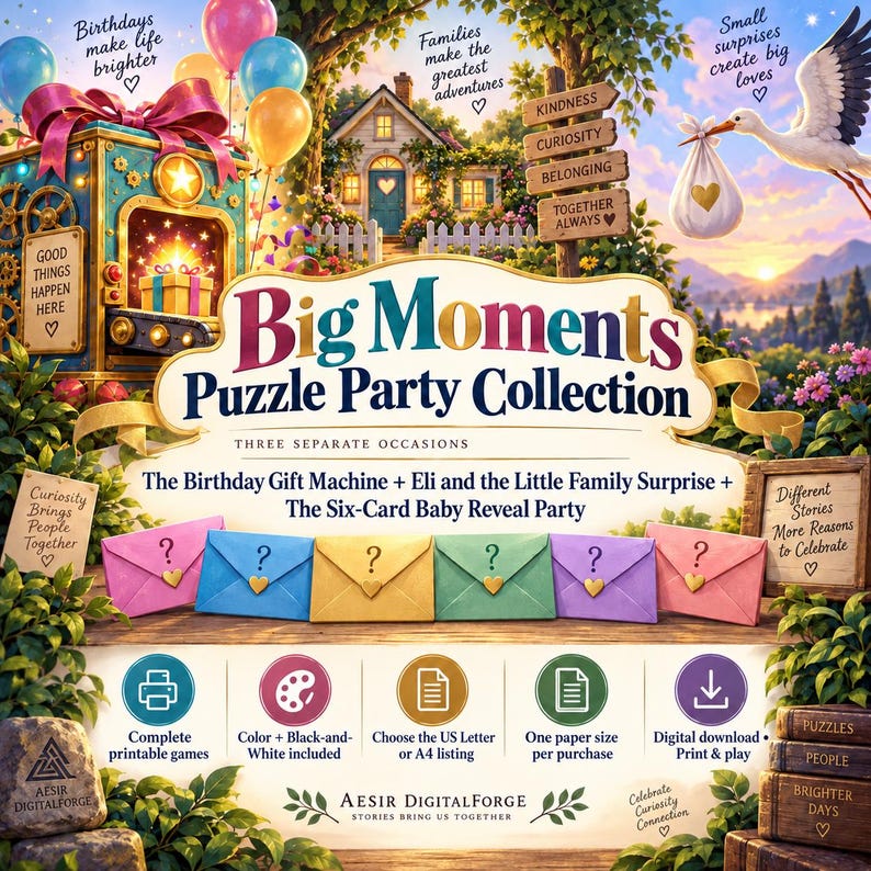 May include: A digital puzzle party collection titled Big Moments featuring a birthday gift machine, a stork, and six colorful envelopes with question marks. Includes printable games, color and black-and-white options, and US letter or A4 sizing.