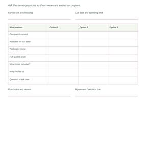 May include: A white wedding planning worksheet titled Choose our vendors with a table for comparing service options. The document includes fields for company contact, date availability, package hours, pricing, exclusions, and decision notes.