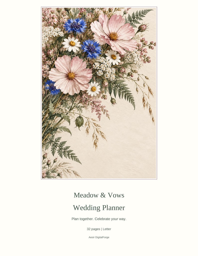 May include: A wedding planner titled Meadow & Vows Wedding Planner, Plan together. Celebrate your way. 32 pages | Letter, Aesir DigitalForge. The cover features a botanical illustration of pink cosmos, blue cornflowers, and white daisies.