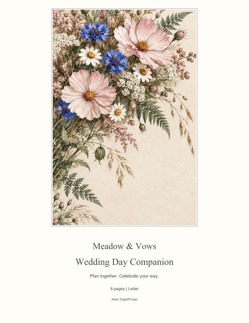 May include: A document titled Meadow & Vows Wedding Day Companion, featuring a floral illustration of pink cosmos, blue cornflowers, white daisies, and green ferns. The text includes Plan together. Celebrate your way. 8 pages | Letter Aesir DigitalForge.