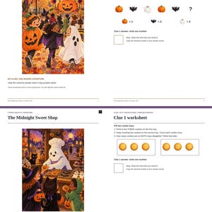 May include: A print-and-play adventure set featuring The Pumpkin Party Parade and The Midnight Sweet Shop. Includes illustrated story pages with children in Halloween costumes and worksheets with logic puzzles, counting tasks, and blank answer boxes.