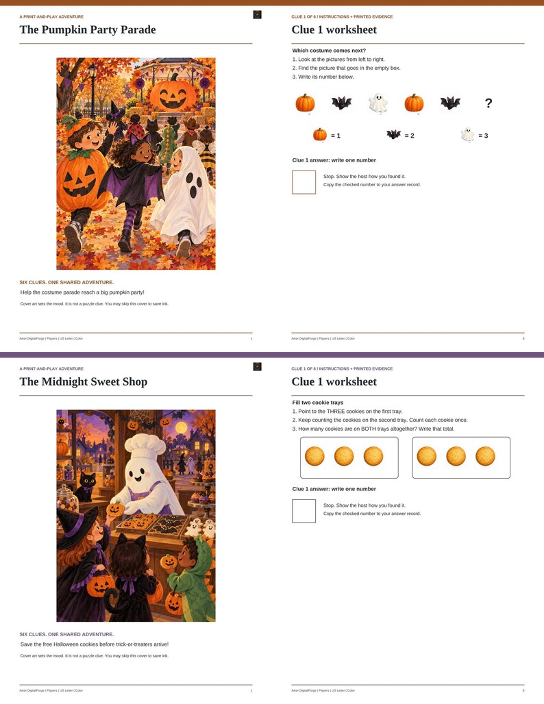 May include: A print-and-play adventure set featuring The Pumpkin Party Parade and The Midnight Sweet Shop. Includes illustrated story pages with children in Halloween costumes and worksheets with logic puzzles, counting tasks, and blank answer boxes.