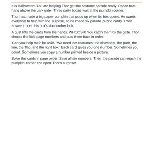 May include: A page titled READ TOGETHER Your story featuring black text on a white background. The content describes a Halloween narrative about a character named Thor, paper bats, party boxes, and a puzzle involving six numbered parade cards.