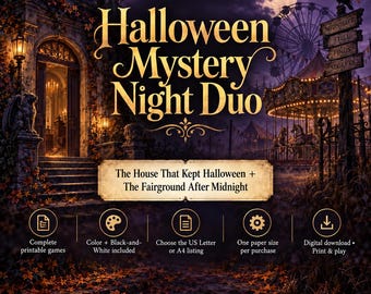 May include: A digital game set titled Halloween Mystery Night Duo featuring The House That Kept Halloween and The Fairground After Midnight. The graphic shows a dark mansion, a carnival, and icons for printable games, color options, and downloads.