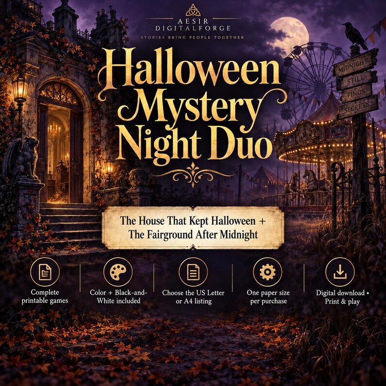 May include: A digital game set titled Halloween Mystery Night Duo featuring The House That Kept Halloween and The Fairground After Midnight. The graphic shows a dark mansion, a carnival, and icons for printable games, color options, and downloads.