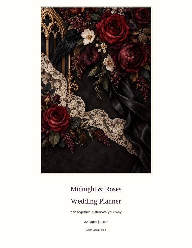 May include: A wedding planner titled Midnight & Roses Wedding Planner, Plan together. Celebrate your way. 32 pages | Letter, Aesir DigitalForge. The cover features deep red roses, white flowers, black feathers, and beige lace on a dark background.