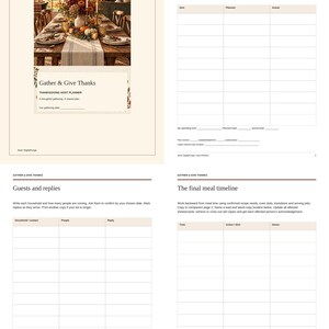 May include: A Thanksgiving host planner document featuring a cover page with a dining table image and the text Gather & Give Thanks, alongside pages for budget tracking, guest lists, and meal timelines with blank tables and lines.