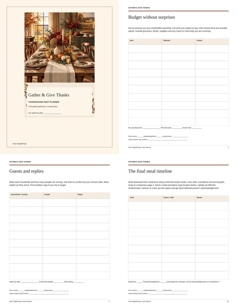 May include: A Thanksgiving host planner document featuring a cover page with a dining table image and the text Gather & Give Thanks, alongside pages for budget tracking, guest lists, and meal timelines with blank tables and lines.