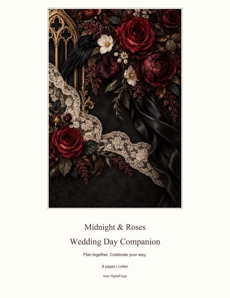 May include: A document titled Midnight & Roses Wedding Day Companion, Plan together. Celebrate your way. 8 pages | Letter, Aesir DigitalForge. The cover features deep red roses, cream lace, and a gold gothic arch on a dark background.