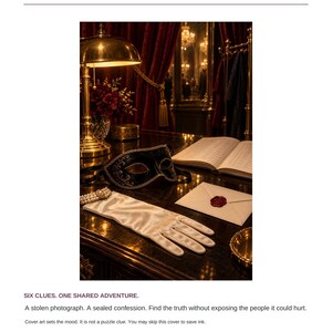 May include: A print-and-play adventure titled The Velvet Hour featuring a black masquerade mask, a white satin glove with a pearl bracelet, a sealed envelope with red wax, and an open book on a dark desk under a brass lamp.