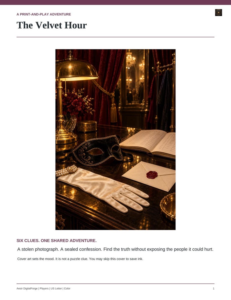 May include: A print-and-play adventure titled The Velvet Hour featuring a black masquerade mask, a white satin glove with a pearl bracelet, a sealed envelope with red wax, and an open book on a dark desk under a brass lamp.