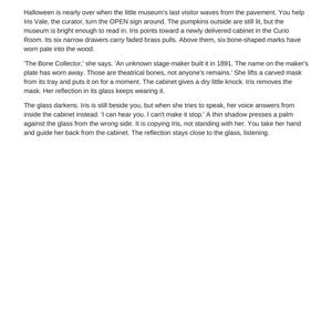 May include: A printed document titled The museum closes, featuring black text on a white background. The content describes a narrative about a curator named Iris Vale, a cabinet, and a mysterious reflection. The page includes header and footer text.