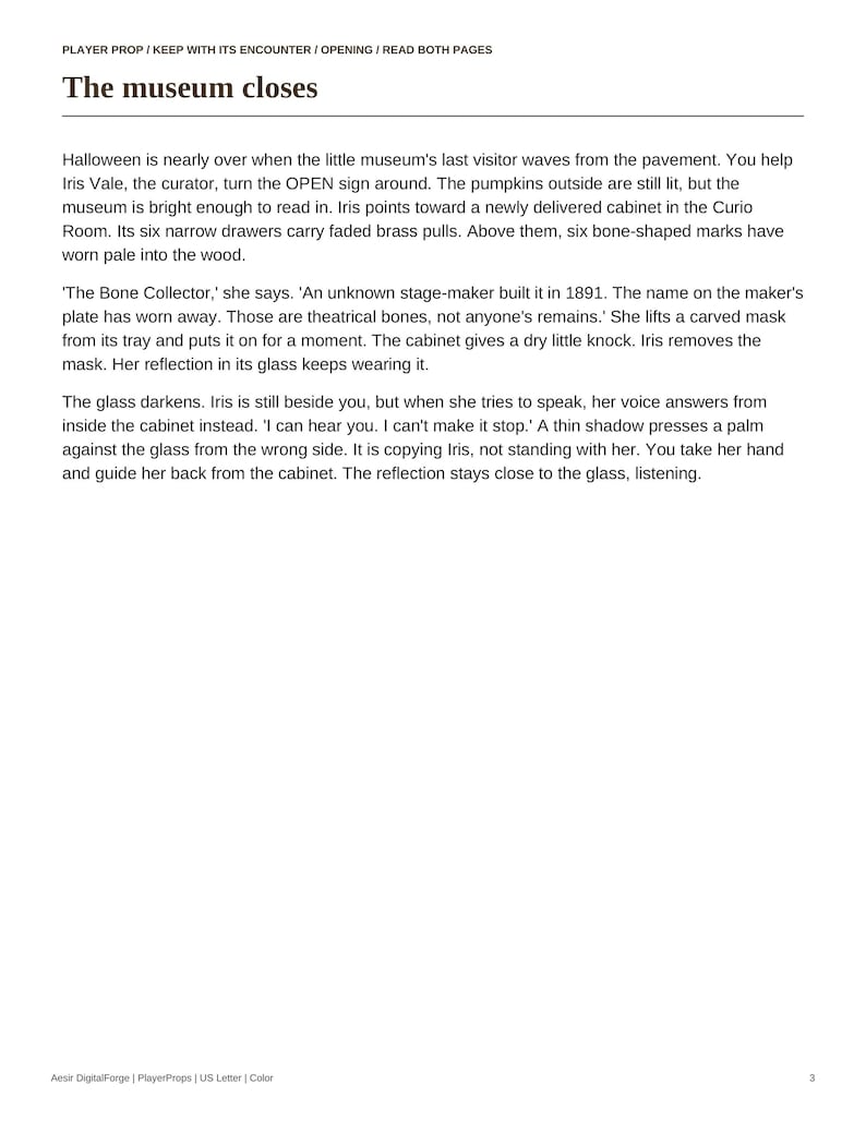 May include: A printed document titled The museum closes, featuring black text on a white background. The content describes a narrative about a curator named Iris Vale, a cabinet, and a mysterious reflection. The page includes header and footer text.