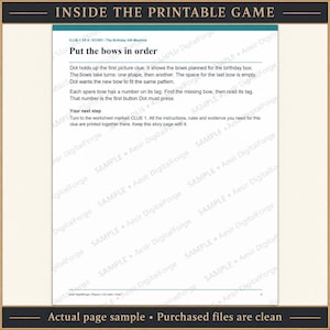 以下が含まれることがあります： Inside the Printable Gameと題された白い印刷可能なゲームページ。Clue 1 of 6、The Birthday Gift Machineと記載されています。テキストは、リボンを順番に並べ、番号付きタグが付いた不足しているリボンを見つけるようプレイヤーに指示しています。