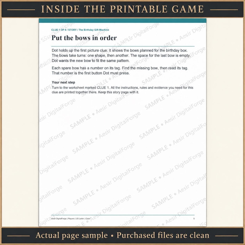以下が含まれることがあります： Inside the Printable Gameと題された白い印刷可能なゲームページ。Clue 1 of 6、The Birthday Gift Machineと記載されています。テキストは、リボンを順番に並べ、番号付きタグが付いた不足しているリボンを見つけるようプレイヤーに指示しています。