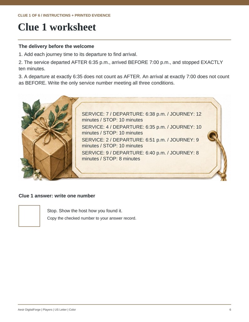 K&ouml;nnte beinhalten: Ein Clue 1 Arbeitsblatt mit einer braunen Geschenkbox, gr&uuml;nen Bl&auml;ttern und einem cremefarbenen Etikett. Der Text listet vier Dienste mit Abfahrts-, Reise- und Stoppzeiten auf. Die Seite enth&auml;lt Anweisungen f&uuml;r ein Logikr&auml;tsel und ein leeres Antwortfeld.