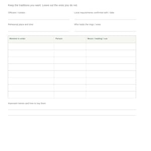 May include: A white wedding ceremony planner page with black text. Headings include Our Wedding, Spring Wildflower, Our ceremony, and fields for contact, rehearsal, and a table for moment, person, music, reading, and cue. Footer reads Aesir DigitalForge | Plan together. 20 / 32.