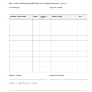 May include: A white wedding guest list planner page titled Who we want to invite. It features a table with columns for household names, guest count, children, contact information, and sent status, with footer text Aesir DigitalForge.