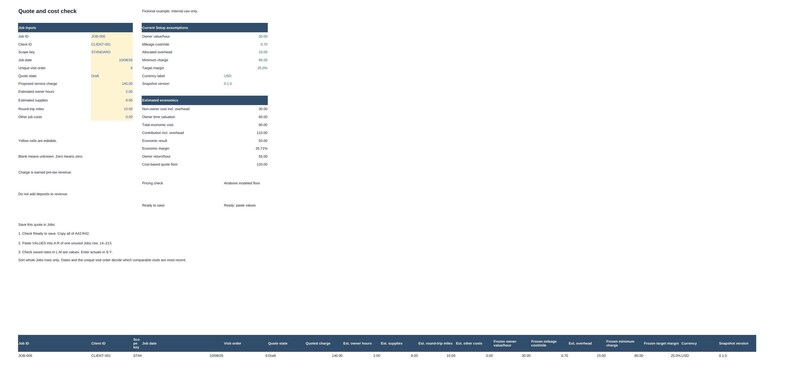 May include: A digital quote and cost check document featuring a white background with dark blue headers and a light yellow data column. The text includes sections for job details, cost breakdown, and estimated outcomes with numerical data.