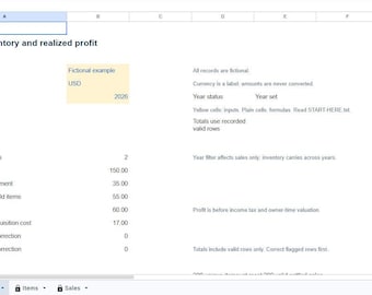 May include: A digital spreadsheet titled Reseller inventory and realized profit, displaying financial data for the year 2026. The document includes rows for gross proceeds, refunds, acquisition costs, and realized profit in USD currency.