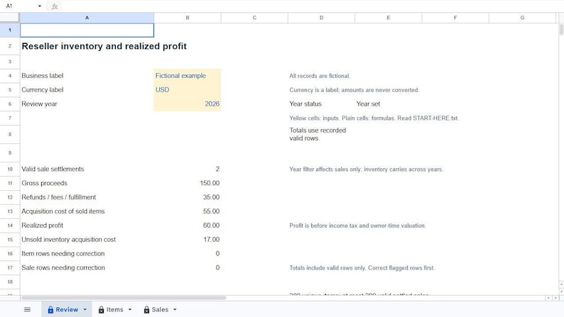Puede incluir: Una hoja de c&aacute;lculo digital titulada Reseller inventory and realized profit, que muestra datos financieros para el a&ntilde;o 2026. El documento incluye filas para ingresos brutos, reembolsos, costos de adquisici&oacute;n y beneficio realizado en moneda USD.