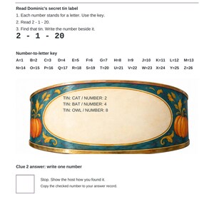 May include: A Clue 2 worksheet featuring a number-to-letter key and a decorative tin label illustration. The text reads: Clue 2 worksheet, Read Dominic's secret tin label, 2-1-20, Number-to-letter key, TIN: CAT/NUMBER: 2, TIN: BAT/NUMBER: 4, TIN: OWL/NUMBER: 8.
