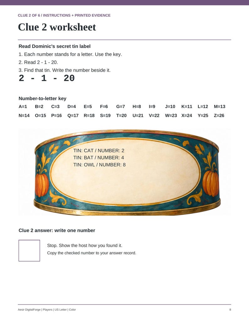 May include: A Clue 2 worksheet featuring a number-to-letter key and a decorative tin label illustration. The text reads: Clue 2 worksheet, Read Dominic's secret tin label, 2-1-20, Number-to-letter key, TIN: CAT/NUMBER: 2, TIN: BAT/NUMBER: 4, TIN: OWL/NUMBER: 8.