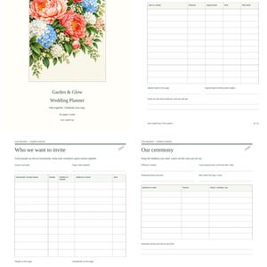 May include: A wedding planner titled Garden & Glow featuring a floral illustration of pink peonies and blue hydrangeas. The planner includes pages for tracking wedding expenses, guest lists, and ceremony details with organized tables and text.