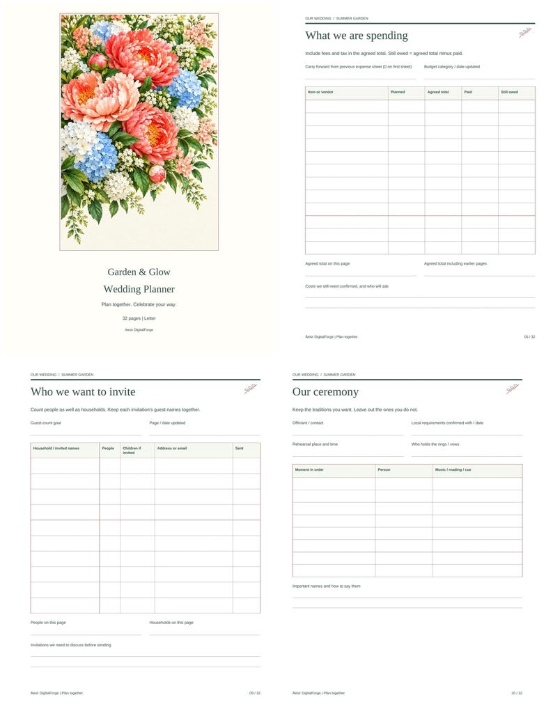May include: A wedding planner titled Garden & Glow featuring a floral illustration of pink peonies and blue hydrangeas. The planner includes pages for tracking wedding expenses, guest lists, and ceremony details with organized tables and text.