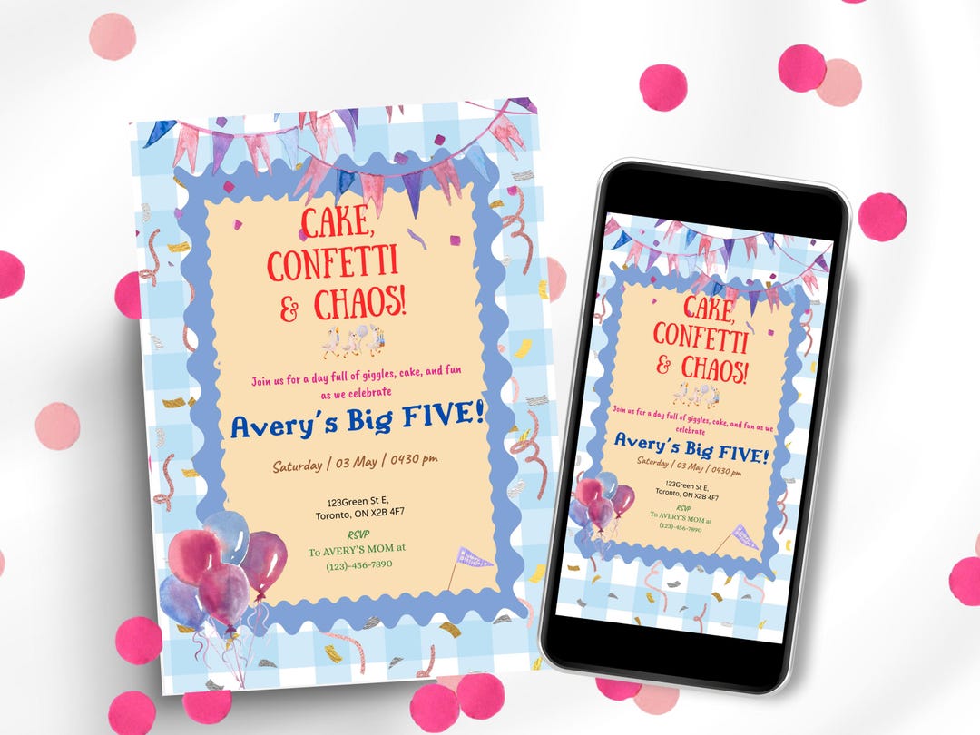 Colorful Kids Birthday Invitation, Cake Confetti & Chaos, Editable ...