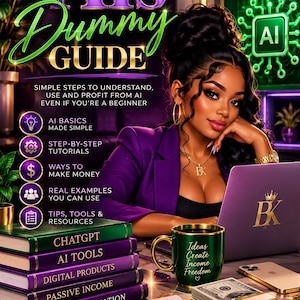 May include: A digital book cover titled AIs Dummy Guide featuring a person with dark hair in a purple blazer, a stack of books labeled ChatGPT, AI Tools, Digital Products, Passive Income, and Content Creation, a green mug, and a notepad with text.