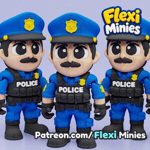 May include: Three articulated police officer figurines with large eyes and mustaches, wearing blue uniforms, black tactical vests with the word POLICE, and blue caps with yellow badges. The text Flexi Minies and Patreon.com/Flexi Minies is visible.