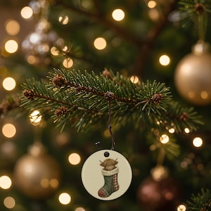 Highland Cow Ceramic Ornament, Baby Calf in Patchwork Christmas Stocking, Farmhouse Tree Decor