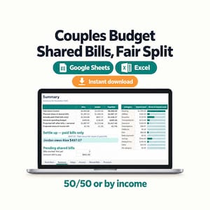 Pode incluir: Uma tela de laptop exibindo uma planilha de orçamento digital intitulada Couples Budget Shared Bills, Fair Split. A interface inclui seções para Google Sheets e Excel, um botão de download e uma tabela de resumo de despesas compartilhadas.