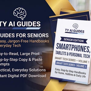 May include: A stack of white and blue instructional handbooks titled TY AI GUIDES, SMARTPHONES, TABLETS & PERSONAL TECH, SENIOR EDITION. The cover features a brain icon and text detailing easy, jargon-free handbooks for everyday tech.