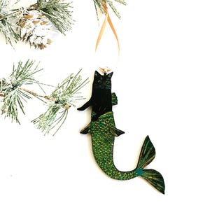 Laser Ornament, Black Cat Ornaments, Vintage Mermaid Cat Christmas Decor, Weird Gifts for Cat Lovers, Retro Christmas, Illustrated Kitten