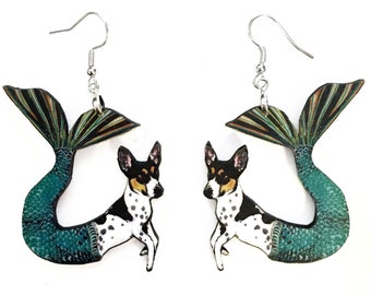 Mermaid Dog Earrings, Weird Earrings, Kitsch Earrings, Rat Terrier Jewelry Laser Cut Wood Dangle Earrings, Illustrated Retro