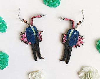 Flamingo Earrings, Weird Earrings, Kitsch Florida Jewelry Tropical, Laser Cut, Fun Gifts Vintage Miami, Quirky Kitschy Pink, Lightweight Big